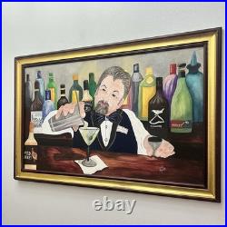Large Original Bartender Portrait Painting Martini Bar Folk Art Signed 40x26