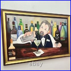 Large Original Bartender Portrait Painting Martini Bar Folk Art Signed 40x26