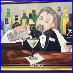 Large Original Bartender Portrait Painting Martini Bar Folk Art Signed 40x26