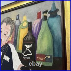 Large Original Bartender Portrait Painting Martini Bar Folk Art Signed 40x26