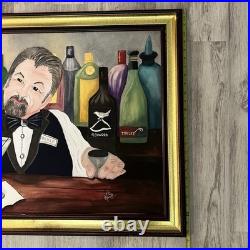 Large Original Bartender Portrait Painting Martini Bar Folk Art Signed 40x26