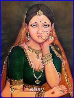 Large Original Indian Oil Painting Rajasthani Art Queen Portrait