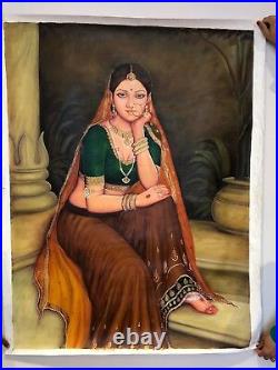 Large Original Indian Oil Painting Rajasthani Art Queen Portrait