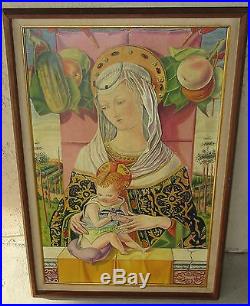 Large Vintage Folk Art Oil (on Board) Painting Of Madonna And Child 29 X 19