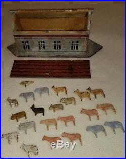 Late 19th C. German Folk Art Toy Painted Wood Noah's Ark with 22 carved animals