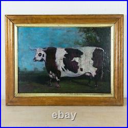 Late 19th C. Oil Painting of a Longhorn Prize Cow, in fine Maple Frame
