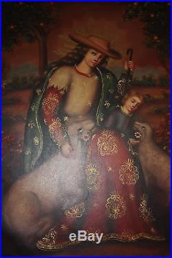 Latin American Folk Art Madonna/Mother, Child, Lambs Painting in Dark Wood Frame