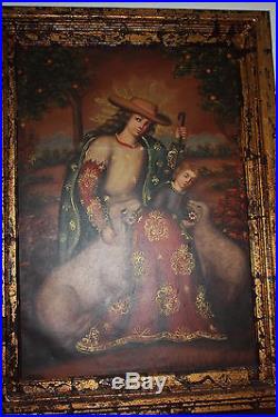 Latin American Folk Art Madonna/Mother, Child, Lambs Painting in Dark Wood Frame