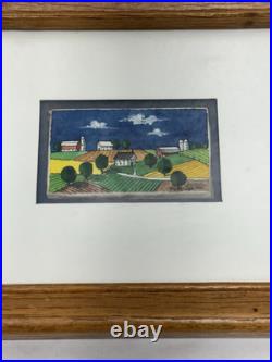 Laura Meddaugh Folk Art Miniature Tiny Watercolor Painting Farmhouse & Pastures