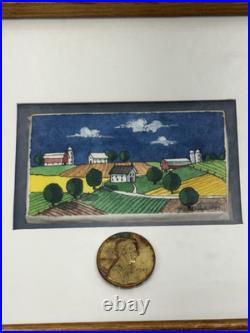 Laura Meddaugh Folk Art Miniature Tiny Watercolor Painting Farmhouse & Pastures