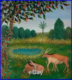 Lawrence Lebduska The Garden of Eden(Wildlife) Naive Religious, Folk Art