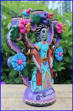 Lg Frida Kahlo Day of the Dead Candelabra Handmade Hand Painted Mexico Folk Art