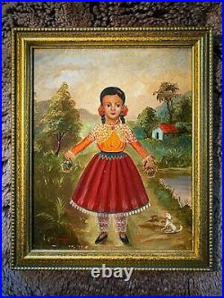 Lilia Carrillo Original Oil Painting Mexican Folk Art Girl Picking Flowers