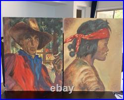 Lot of 2 Vintage Folk Art Western Oil Painting Cowboy / Indian 20X 16 Unframed