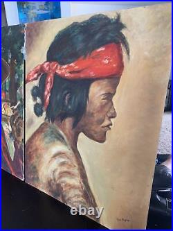 Lot of 2 Vintage Folk Art Western Oil Painting Cowboy / Indian 20X 16 Unframed