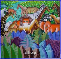 Louis Rosemond (Haitian, B 1957) folk art oil LG canvas painting with animals