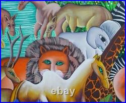 Louis Rosemond (Haitian, B 1957) folk art oil LG canvas painting with animals