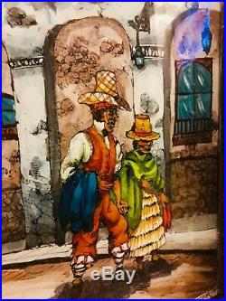 MCM Folk Art Original Reverse Painting On Glass Mexican Village Signed 19.5x16