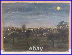 MESA THEATER LOS ANGELES AT NIGHT 9X12 oil painting SIGNED FOLK ART