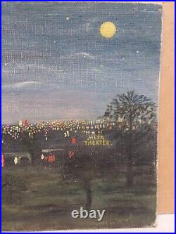 MESA THEATER LOS ANGELES AT NIGHT 9X12 oil painting SIGNED FOLK ART