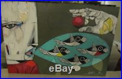 MICHAEL BANKS MODERN FOLK ART PAINTING ABSTRACT POP FACE BIRDS 17.5 x 30