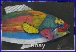 MICHAEL BANKS Outsider FOLK ART PAINTING rainbow FISH 24 x 16 ALABAMA