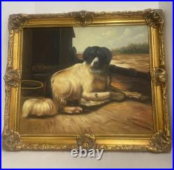 M. Morgan Original Oil Painting Dog Portrait, Large Gilt Framed Folk Art