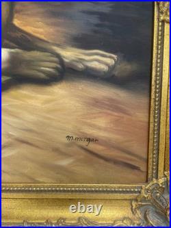 M. Morgan Original Oil Painting Dog Portrait, Large Gilt Framed Folk Art