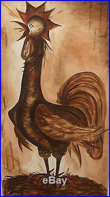 M. S. Singing Rooster Large Original Oil On Canvas Folk Art Painting