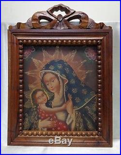 Madonna & Child Peruvian Cusco Folk Art Painting in Wooden Carved Antique Frame