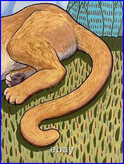 Marcia Alpert VTG Naive Female Portrait Wildlife Cougar Cat Landscape Painting