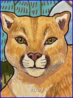 Marcia Alpert VTG Naive Female Portrait Wildlife Cougar Cat Landscape Painting