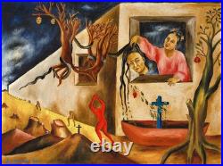 María Izquierdo Signed Handmade Oil Painting on Canvas 16x24 in Mexican Art