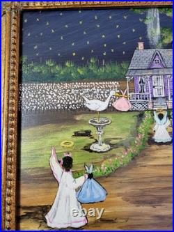 Mary Barwick Primitive Painting Alabama Angels Stork Baby Delivery Folk Art
