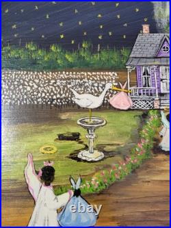 Mary Barwick Primitive Painting Alabama Angels Stork Baby Delivery Folk Art