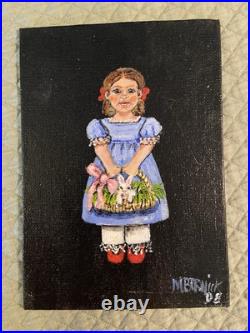 Mary Barwick Primitive Painting Girl Holding Basket With Bunny 5x7 Folk Art Mary Barwick Primitive Painting Girl Holding Basket With Bunny 5x7 Folk Art
