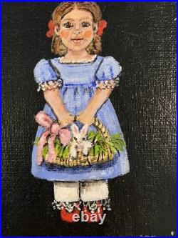Mary Barwick Primitive Painting Girl Holding Basket With Bunny 5x7 Folk Art Mary Barwick Primitive Painting Girl Holding Basket With Bunny 5x7 Folk Art