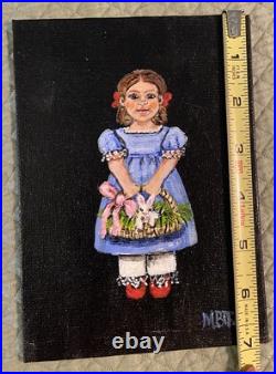 Mary Barwick Primitive Painting Girl Holding Basket With Bunny 5x7 Folk Art Mary Barwick Primitive Painting Girl Holding Basket With Bunny 5x7 Folk Art