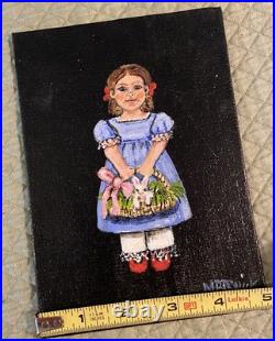 Mary Barwick Primitive Painting Girl Holding Basket With Bunny 5x7 Folk Art Mary Barwick Primitive Painting Girl Holding Basket With Bunny 5x7 Folk Art