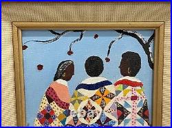 Mary Frances Robinson Signed Folk Art Oil Painting 3 Women in Colorful Dresses