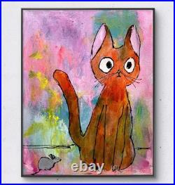 Mary Myers Original Whimsical Orange Cat & Mouse Folk Art Painting 11x14 Acrylic