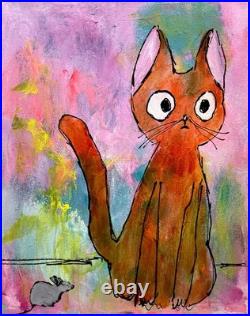 Mary Myers Original Whimsical Orange Cat & Mouse Folk Art Painting 11x14 Acrylic