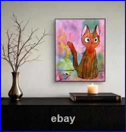 Mary Myers Original Whimsical Orange Cat & Mouse Folk Art Painting 11x14 Acrylic