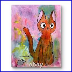 Mary Myers Original Whimsical Orange Cat & Mouse Folk Art Painting 11x14 Acrylic
