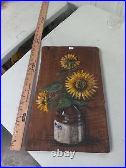 Mary Porter Folk Art Painting On Wood Sunflowers In Stoneware Jug Fairfield IL