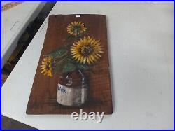 Mary Porter Folk Art Painting On Wood Sunflowers In Stoneware Jug Fairfield IL