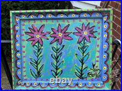 Mary Zeman Outsider Folk Artist Acrylic Flower Painting On Board & Wood Frame