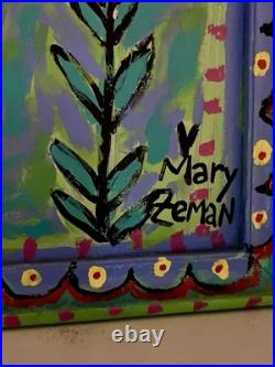 Mary Zeman Outsider Folk Artist Acrylic Flower Painting On Board & Wood Frame