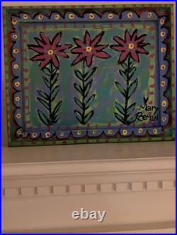 Mary Zeman Outsider Folk Artist Acrylic Flower Painting On Board & Wood Frame