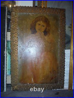 Matching Pair 1800's Folk Art Primitive Portraits Boy And Girl Oil Paintings